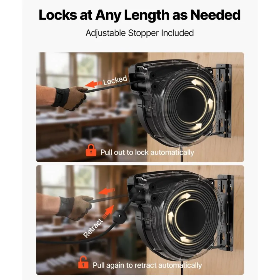 VEVOR Retractable Extension Cord Reel 75FT Heavy Duty 14AWG/3C SJTOW Black, for Ceiling/Wall Mount, 13A Circuit Breaker, Automatic Retractable Power Cord, Lighted Triple Tap, with 180° Swivel Bracket