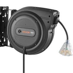 VEVOR Retractable Extension Cord Reel 75FT Heavy Duty 14AWG/3C SJTOW Black, for Ceiling/Wall Mount, 13A Circuit Breaker, Automatic Retractable Power Cord, Lighted Triple Tap, with 180° Swivel Bracket