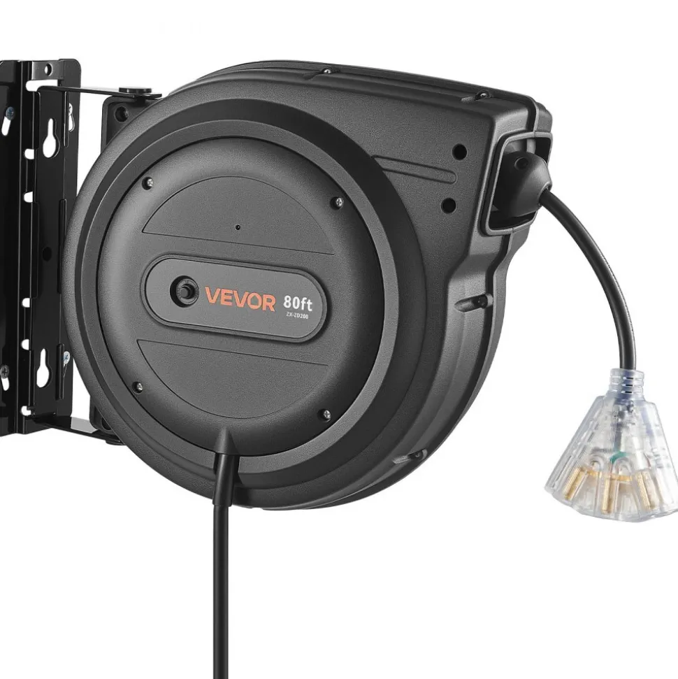 VEVOR Retractable Extension Cord Reel 75FT Heavy Duty 14AWG/3C SJTOW Black, for Ceiling/Wall Mount, 13A Circuit Breaker, Automatic Retractable Power Cord, Lighted Triple Tap, with 180° Swivel Bracket