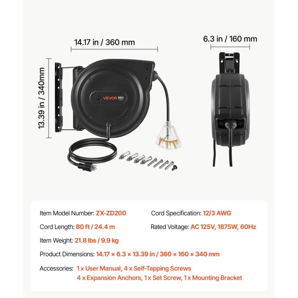 VEVOR Retractable Extension Cord Reel 75FT Heavy Duty 14AWG/3C SJTOW Black, for Ceiling/Wall Mount, 13A Circuit Breaker, Automatic Retractable Power Cord, Lighted Triple Tap, with 180° Swivel Bracket