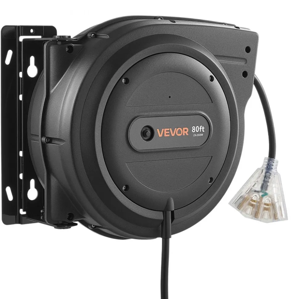 VEVOR Retractable Extension Cord Reel 75FT Heavy Duty 14AWG/3C SJTOW Black, for Ceiling/Wall Mount, 13A Circuit Breaker, Automatic Retractable Power Cord, Lighted Triple Tap, with 180° Swivel Bracket