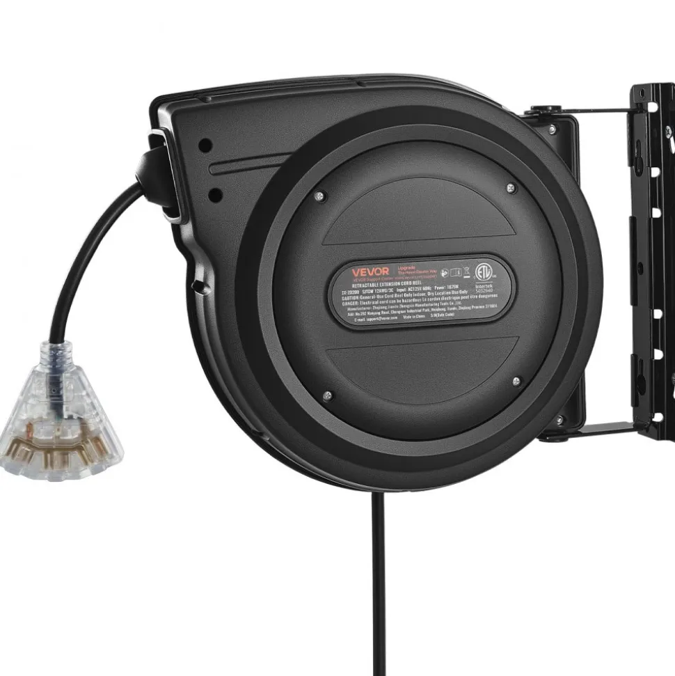 VEVOR Retractable Extension Cord Reel 75FT Heavy Duty 14AWG/3C SJTOW Black, for Ceiling/Wall Mount, 13A Circuit Breaker, Automatic Retractable Power Cord, Lighted Triple Tap, with 180° Swivel Bracket