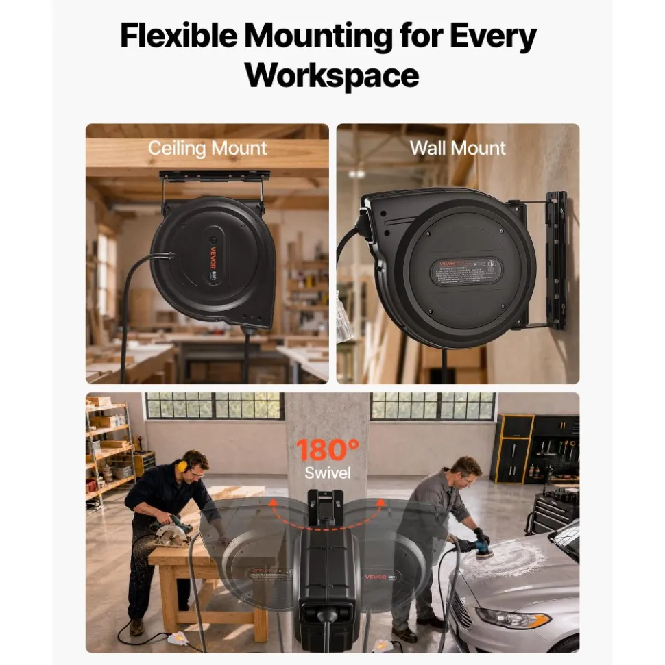 VEVOR Retractable Extension Cord Reel 75FT Heavy Duty 14AWG/3C SJTOW Black, for Ceiling/Wall Mount, 13A Circuit Breaker, Automatic Retractable Power Cord, Lighted Triple Tap, with 180° Swivel Bracket