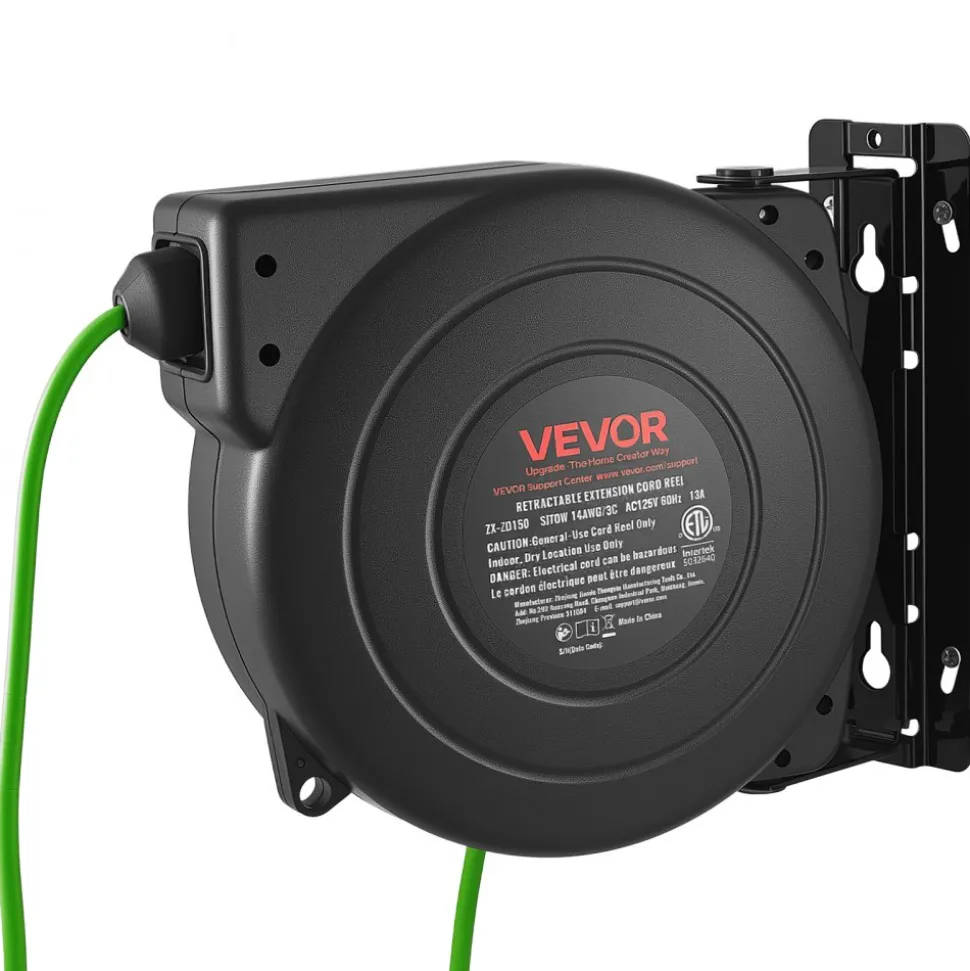 VEVOR Retractable Extension Cord Reel 25FT Heavy Duty 14AWG/3C SJTOW Red, for Ceiling/Wall Mount, 13A Circuit Breaker, Automatic Retractable Power Cord, Lighted Triple Tap, with 180° Swivel Bracket