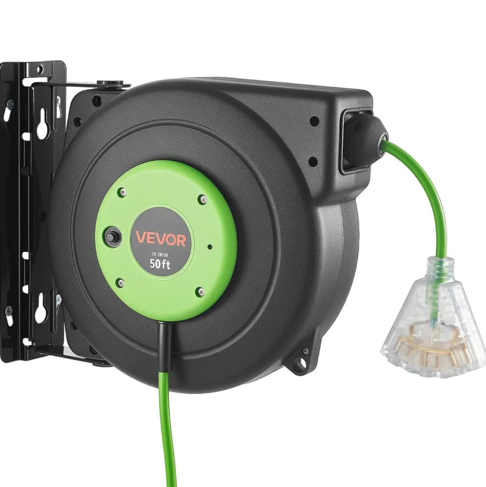 VEVOR Retractable Extension Cord Reel 25FT Heavy Duty 14AWG/3C SJTOW Red, for Ceiling/Wall Mount, 13A Circuit Breaker, Automatic Retractable Power Cord, Lighted Triple Tap, with 180° Swivel Bracket