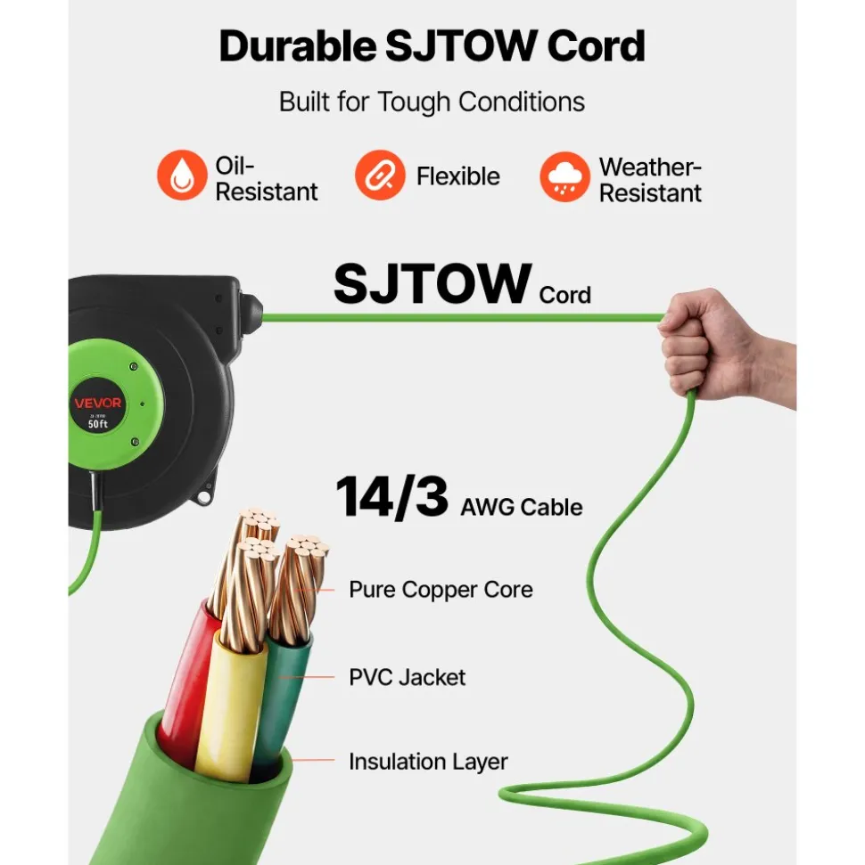 VEVOR Retractable Extension Cord Reel 25FT Heavy Duty 14AWG/3C SJTOW Red, for Ceiling/Wall Mount, 13A Circuit Breaker, Automatic Retractable Power Cord, Lighted Triple Tap, with 180° Swivel Bracket