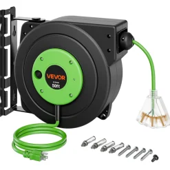 VEVOR Retractable Extension Cord Reel 25FT Heavy Duty 14AWG/3C SJTOW Red, for Ceiling/Wall Mount, 13A Circuit Breaker, Automatic Retractable Power Cord, Lighted Triple Tap, with 180° Swivel Bracket