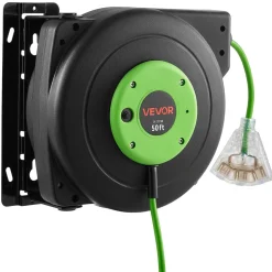 VEVOR Retractable Extension Cord Reel 25FT Heavy Duty 14AWG/3C SJTOW Red, for Ceiling/Wall Mount, 13A Circuit Breaker, Automatic Retractable Power Cord, Lighted Triple Tap, with 180° Swivel Bracket