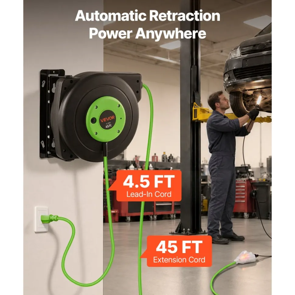 VEVOR Retractable Extension Cord Reel 65FT Heavy Duty 12AWG/3C SJTOW Black, for Ceiling/Wall Mount, 15A Circuit Breaker, Automatic Retractable Power Cord, Lighted Triple Tap, with 180° Swivel Bracket