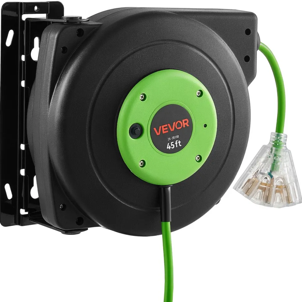 VEVOR Retractable Extension Cord Reel 65FT Heavy Duty 12AWG/3C SJTOW Black, for Ceiling/Wall Mount, 15A Circuit Breaker, Automatic Retractable Power Cord, Lighted Triple Tap, with 180° Swivel Bracket