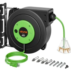 VEVOR Retractable Extension Cord Reel 65FT Heavy Duty 12AWG/3C SJTOW Black, for Ceiling/Wall Mount, 15A Circuit Breaker, Automatic Retractable Power Cord, Lighted Triple Tap, with 180° Swivel Bracket