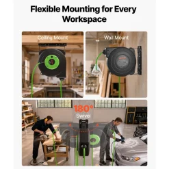 VEVOR Retractable Extension Cord Reel 65FT Heavy Duty 12AWG/3C SJTOW Black, for Ceiling/Wall Mount, 15A Circuit Breaker, Automatic Retractable Power Cord, Lighted Triple Tap, with 180° Swivel Bracket