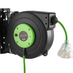 VEVOR Retractable Extension Cord Reel 65FT Heavy Duty 12AWG/3C SJTOW Black, for Ceiling/Wall Mount, 15A Circuit Breaker, Automatic Retractable Power Cord, Lighted Triple Tap, with 180° Swivel Bracket