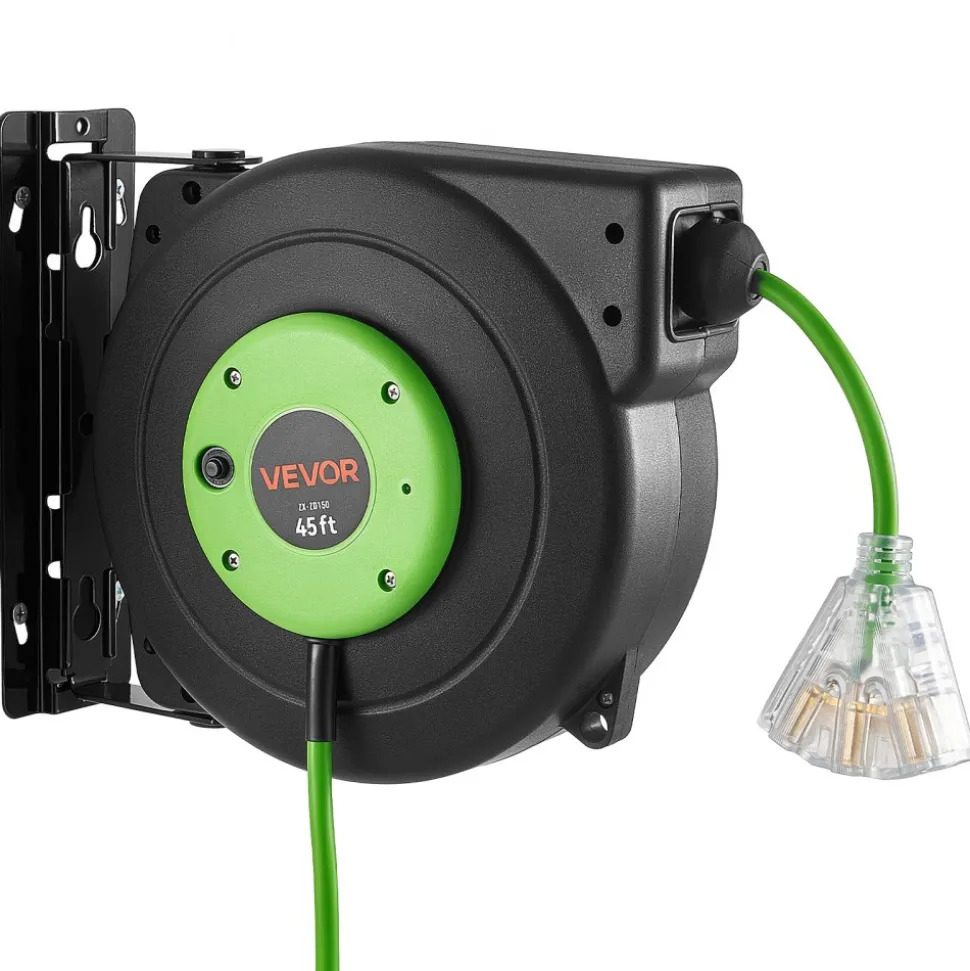 VEVOR Retractable Extension Cord Reel 65FT Heavy Duty 12AWG/3C SJTOW Black, for Ceiling/Wall Mount, 15A Circuit Breaker, Automatic Retractable Power Cord, Lighted Triple Tap, with 180° Swivel Bracket