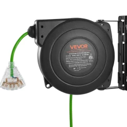 VEVOR Retractable Extension Cord Reel 65FT Heavy Duty 12AWG/3C SJTOW Black, for Ceiling/Wall Mount, 15A Circuit Breaker, Automatic Retractable Power Cord, Lighted Triple Tap, with 180° Swivel Bracket