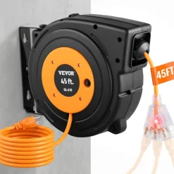 VEVOR Retractable Extension Reel, Heavy Duty 12AWG/3C SJTOW Power Cord 45 FT 12AWG, Black Tested toStandards