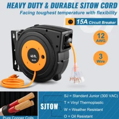 VEVOR Retractable Extension Reel, Heavy Duty 12AWG/3C SJTOW Power Cord 45 FT 12AWG, Black Tested toStandards
