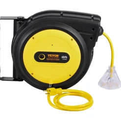 VEVOR Retractable Extension Cord Reel, 65 FT, Heavy Duty 12AWG/3C SJTOW Retractable Power Cord with Lighted Triple Tap Outlet, 15 Amp Circuit Breaker 180° Swivel Bracket for Ceiling or Wall Mount