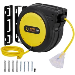 VEVOR Retractable Extension Cord Reel 50FT Heavy Duty 14AWG/3C SJTOW Black, for Ceiling/Wall Mount, 13A Circuit Breaker, Automatic Retractable Power Cord, Lighted Triple Tap, with 180° Swivel Bracket