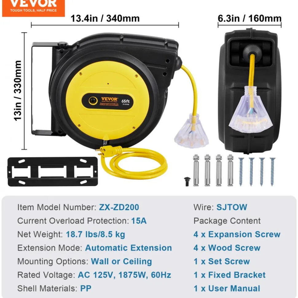 VEVOR Retractable Extension Cord Reel 50FT Heavy Duty 14AWG/3C SJTOW Black, for Ceiling/Wall Mount, 13A Circuit Breaker, Automatic Retractable Power Cord, Lighted Triple Tap, with 180° Swivel Bracket