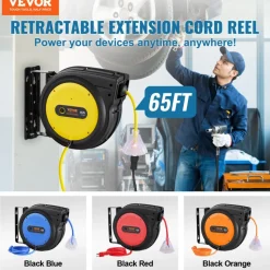 VEVOR Retractable Extension Cord Reel 50FT Heavy Duty 14AWG/3C SJTOW Black, for Ceiling/Wall Mount, 13A Circuit Breaker, Automatic Retractable Power Cord, Lighted Triple Tap, with 180° Swivel Bracket