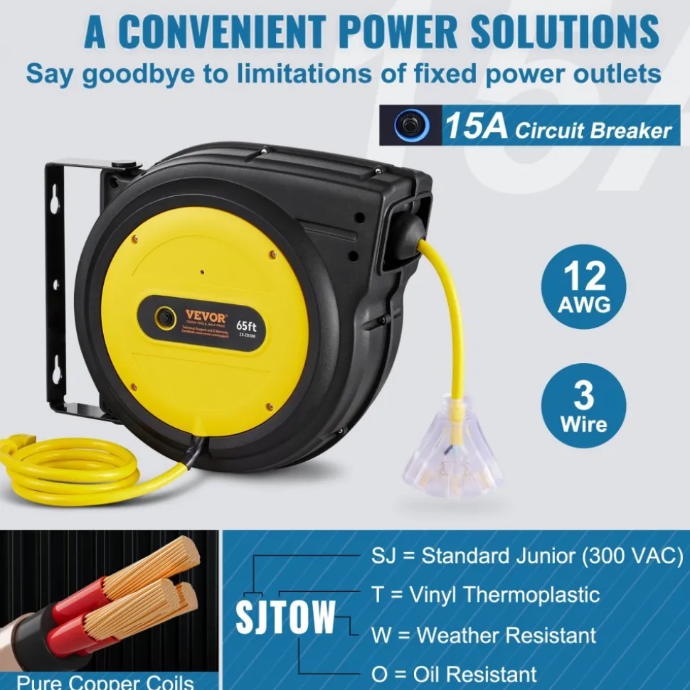 VEVOR Retractable Extension Cord Reel 50FT Heavy Duty 14AWG/3C SJTOW Black, for Ceiling/Wall Mount, 13A Circuit Breaker, Automatic Retractable Power Cord, Lighted Triple Tap, with 180° Swivel Bracket