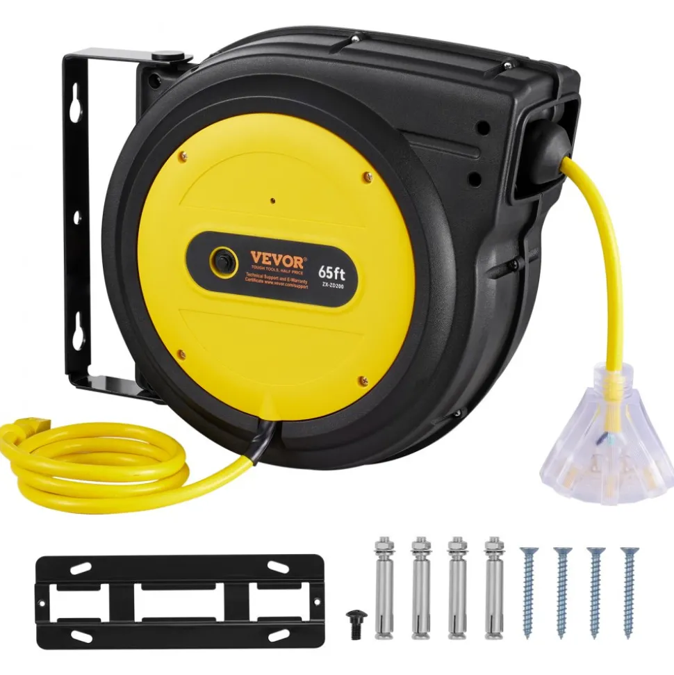 VEVOR Retractable Extension Cord Reel 50FT Heavy Duty 14AWG/3C SJTOW Black, for Ceiling/Wall Mount, 13A Circuit Breaker, Automatic Retractable Power Cord, Lighted Triple Tap, with 180° Swivel Bracket