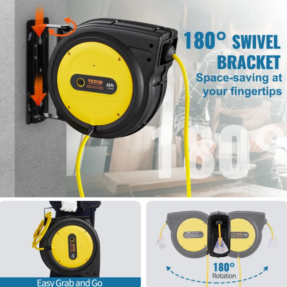 VEVOR Retractable Extension Cord Reel 50FT Heavy Duty 14AWG/3C SJTOW Black, for Ceiling/Wall Mount, 13A Circuit Breaker, Automatic Retractable Power Cord, Lighted Triple Tap, with 180° Swivel Bracket