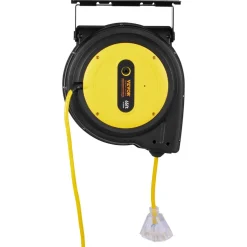 VEVOR Retractable Extension Cord Reel 50FT Heavy Duty 14AWG/3C SJTOW Black, for Ceiling/Wall Mount, 13A Circuit Breaker, Automatic Retractable Power Cord, Lighted Triple Tap, with 180° Swivel Bracket
