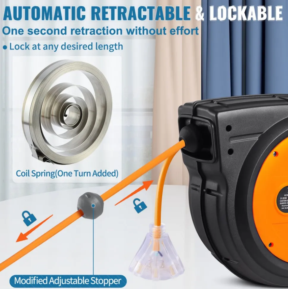 VEVOR Retractable Extension Cord Reel, 65 FT, Heavy Duty 12AWG/3C SJTOW Retractable Power Cord with Lighted Triple Tap Outlet, 15 Amp Circuit Breaker 180° Swivel Bracket for Ceiling or Wall Mount