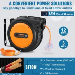VEVOR Retractable Extension Cord Reel, 30 FT, Heavy Duty 16AWG/3C SJTOW Retractable Power Cord Reel with Lighted Triple Tap Outlet 10 Amp Circuit Breaker 4.5FT Lead-in Cord, for Ceiling or Wall Mount