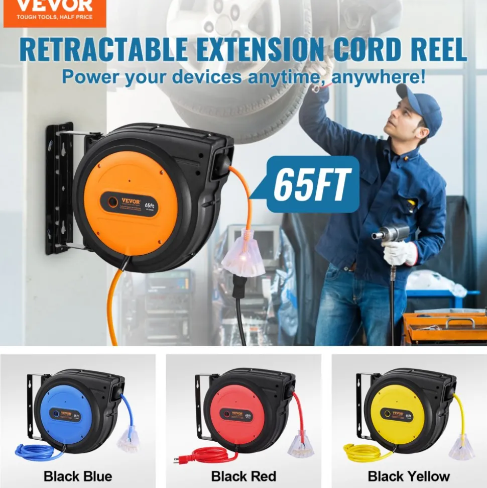 VEVOR Retractable Extension Cord Reel, 65 FT, Heavy Duty 12AWG/3C SJTOW Retractable Power Cord with Lighted Triple Tap Outlet, 15 Amp Circuit Breaker 180° Swivel Bracket for Ceiling or Wall Mount