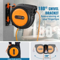 VEVOR Retractable Extension Cord Reel, 65 FT, Heavy Duty 12AWG/3C SJTOW Retractable Power Cord with Lighted Triple Tap Outlet, 15 Amp Circuit Breaker 180° Swivel Bracket for Ceiling or Wall Mount