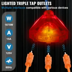 VEVOR Retractable Extension Cord Reel, 65 FT, Heavy Duty 12AWG/3C SJTOW Retractable Power Cord with Lighted Triple Tap Outlet, 15 Amp Circuit Breaker 180° Swivel Bracket for Ceiling or Wall Mount