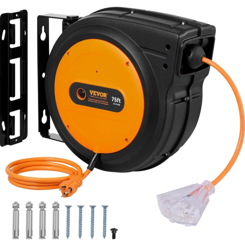 VEVOR Retractable Extension Cord Reel, 75 FT, Heavy Duty 14AWG/3C SJTOW Retractable Power Cord with Lighted Triple Tap Outlet, 13 Amp Circuit Breaker 180° Swivel Bracket for Ceiling or Wall Mount