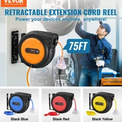 VEVOR Retractable Extension Cord Reel, 75 FT, Heavy Duty 14AWG/3C SJTOW Retractable Power Cord with Lighted Triple Tap Outlet, 13 Amp Circuit Breaker 180° Swivel Bracket for Ceiling or Wall Mount