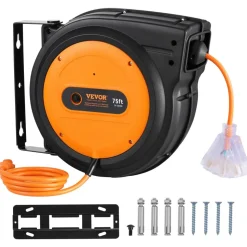 VEVOR Retractable Extension Cord Reel, 75 FT, Heavy Duty 14AWG/3C SJTOW Retractable Power Cord with Lighted Triple Tap Outlet, 13 Amp Circuit Breaker 180° Swivel Bracket for Ceiling or Wall Mount