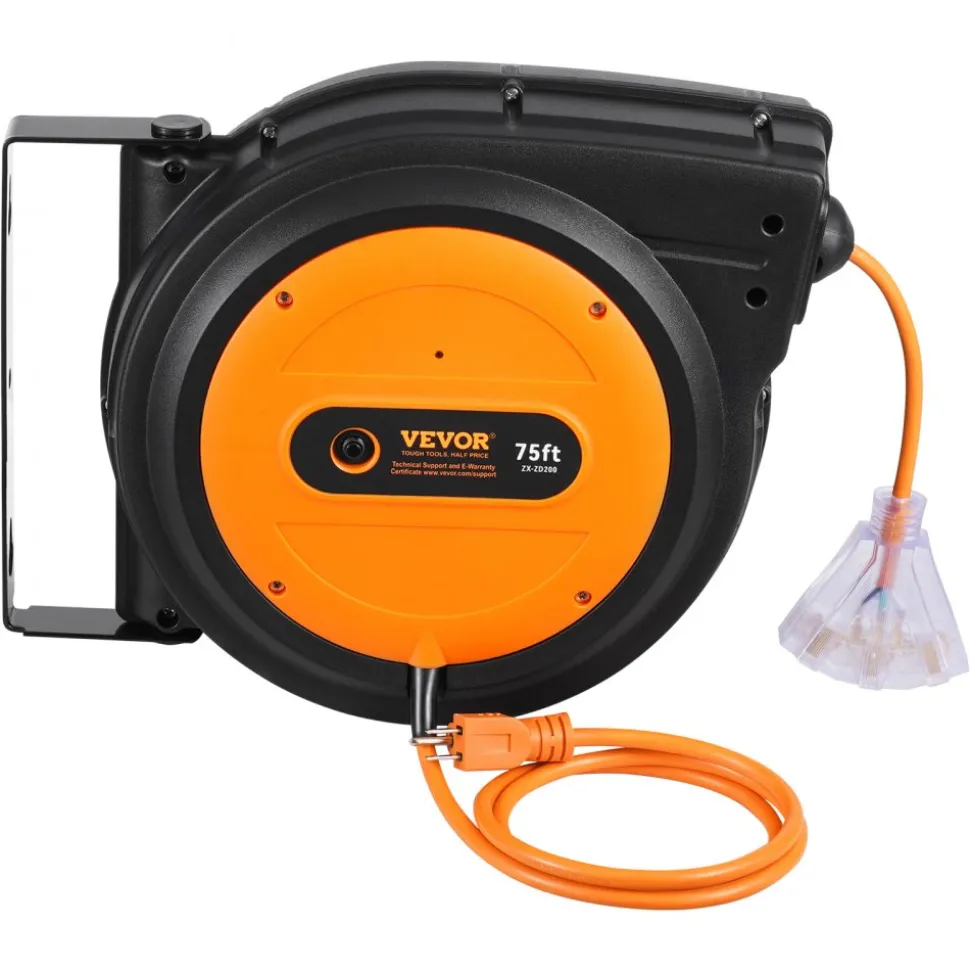 VEVOR Retractable Extension Cord Reel, 75 FT, Heavy Duty 14AWG/3C SJTOW Retractable Power Cord with Lighted Triple Tap Outlet, 13 Amp Circuit Breaker 180° Swivel Bracket for Ceiling or Wall Mount