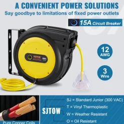 VEVOR Retractable Extension Cord Reel, 75 FT, Heavy Duty 14AWG/3C SJTOW Retractable Power Cord with Lighted Triple Tap Outlet, 13 Amp Circuit Breaker 180° Swivel Bracket for Ceiling or Wall Mount
