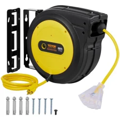 VEVOR Retractable Extension Cord Reel, 75 FT, Heavy Duty 14AWG/3C SJTOW Retractable Power Cord with Lighted Triple Tap Outlet, 13 Amp Circuit Breaker 180° Swivel Bracket for Ceiling or Wall Mount