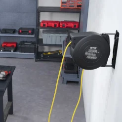 VEVOR Retractable Extension Cord Reel, 45 FT, Heavy Duty 12AWG/3C SJTOW Retractable Power Cord with Lighted Triple Tap Outlet, 15 Amp Circuit Breaker 180° Swivel Bracket for Ceiling or Wall Mount