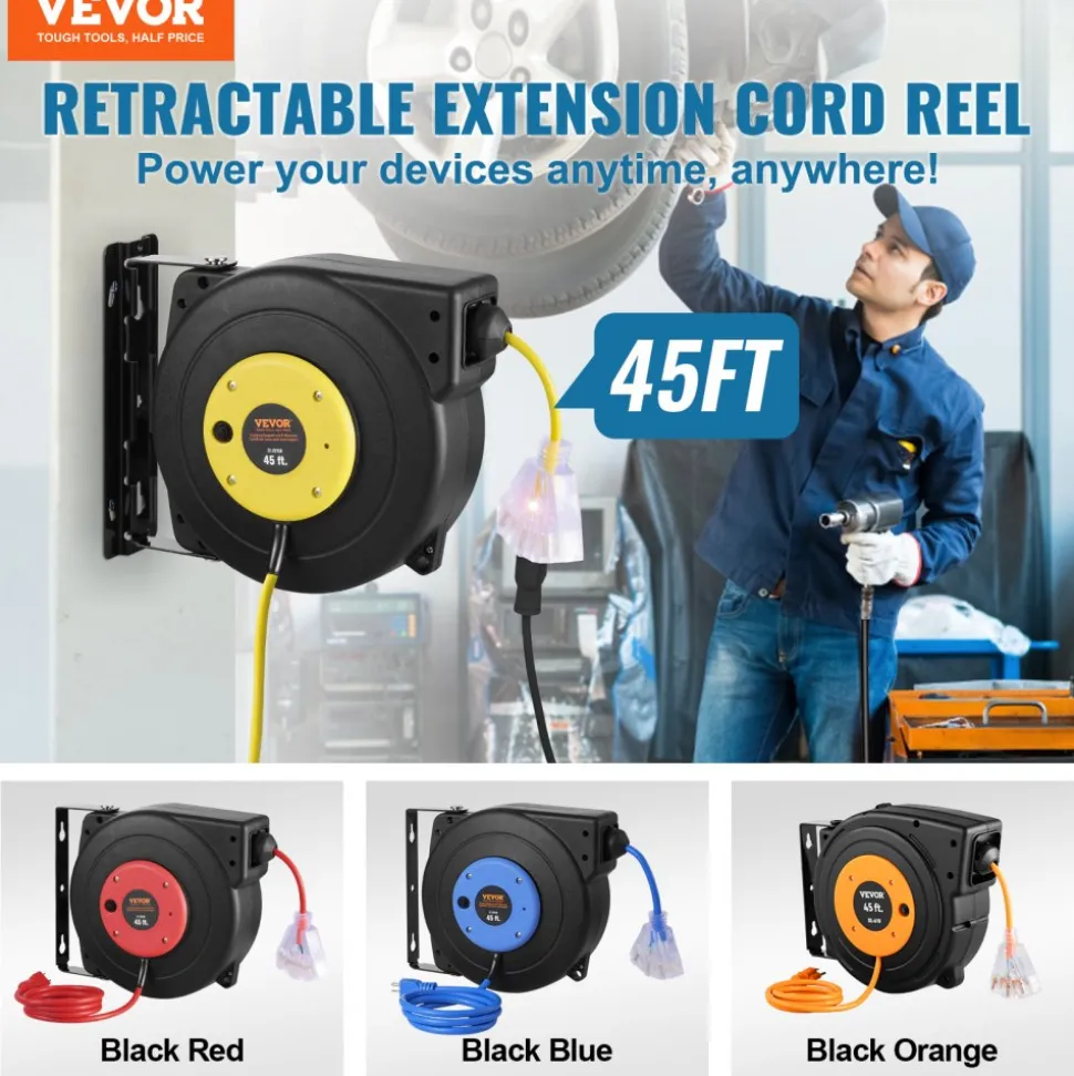 VEVOR Retractable Extension Cord Reel, 45 FT, Heavy Duty 12AWG/3C SJTOW Retractable Power Cord with Lighted Triple Tap Outlet, 15 Amp Circuit Breaker 180° Swivel Bracket for Ceiling or Wall Mount