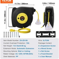 VEVOR Retractable Extension Cord Reel, 45 FT, Heavy Duty 12AWG/3C SJTOW Retractable Power Cord with Lighted Triple Tap Outlet, 15 Amp Circuit Breaker 180° Swivel Bracket for Ceiling or Wall Mount