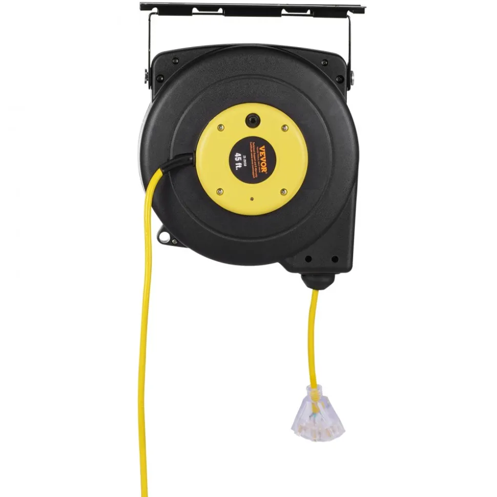 VEVOR Retractable Extension Cord Reel, 45 FT, Heavy Duty 12AWG/3C SJTOW Retractable Power Cord with Lighted Triple Tap Outlet, 15 Amp Circuit Breaker 180° Swivel Bracket for Ceiling or Wall Mount