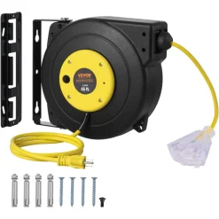 VEVOR Retractable Extension Cord Reel, 45 FT, Heavy Duty 12AWG/3C SJTOW Retractable Power Cord with Lighted Triple Tap Outlet, 15 Amp Circuit Breaker 180° Swivel Bracket for Ceiling or Wall Mount