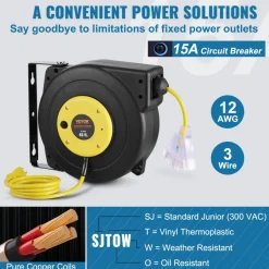 VEVOR Retractable Extension Cord Reel, 45 FT, Heavy Duty 12AWG/3C SJTOW Retractable Power Cord with Lighted Triple Tap Outlet, 15 Amp Circuit Breaker 180° Swivel Bracket for Ceiling or Wall Mount