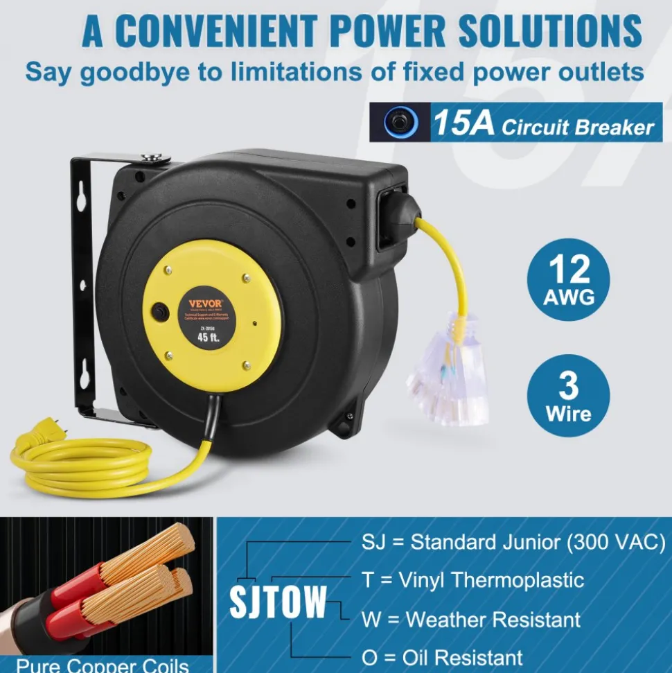 VEVOR Retractable Extension Cord Reel, 45 FT, Heavy Duty 12AWG/3C SJTOW Retractable Power Cord with Lighted Triple Tap Outlet, 15 Amp Circuit Breaker 180° Swivel Bracket for Ceiling or Wall Mount