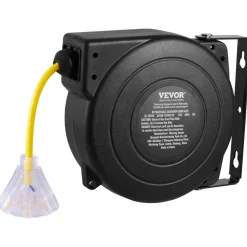 VEVOR Retractable Extension Cord Reel, 45 FT, Heavy Duty 12AWG/3C SJTOW Retractable Power Cord with Lighted Triple Tap Outlet, 15 Amp Circuit Breaker 180° Swivel Bracket for Ceiling or Wall Mount
