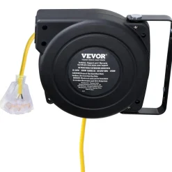 VEVOR Retractable Extension Cord Reel, 30 FT, Heavy Duty 16AWG/3C SJTOW Retractable Power Cord Reel with Lighted Triple Tap Outlet 10 Amp Circuit Breaker 4.5FT Lead-in Cord, for Ceiling or Wall Mount