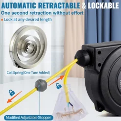 VEVOR Retractable Extension Cord Reel 30FT Heavy Duty 16AWG/3C SJTOW Black, for Ceiling/Wall Mount, 10A Circuit Breaker, Automatic Retractable Power Cord, Lighted Triple Tap, with 180° Swivel Bracket